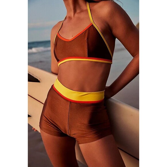 Free People Atmosea Sunset Surf Set Brown Yellow Women Two Pieces Size M NEW - Picture 1 of 9